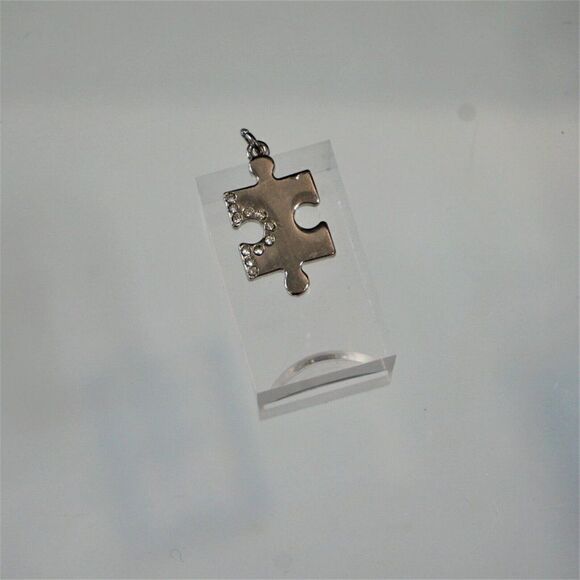 Jigsaw Puzzle Piece Charm With Rhinestones Silver Tone Metal - Picture 1 of 3